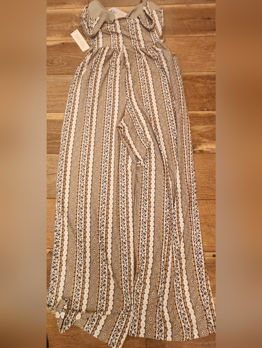 Derek Heart Striped Ruffle-Neck Wide-Leg Jumpsuit in Beige and White